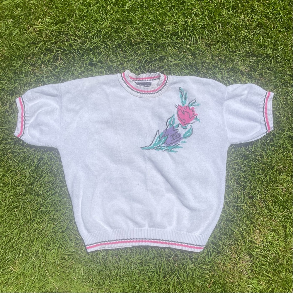 Vintage 80s Vibe Floral Sweater Knit White Pink Pullover Shirt Woman’s Large